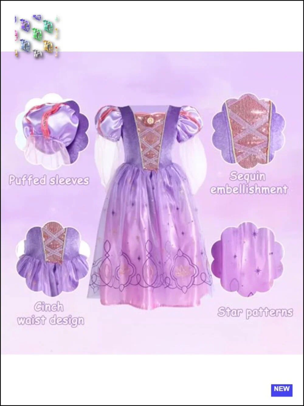 Girls Rapunzel Princess Dress Costume with Wig - Kids Dress Up